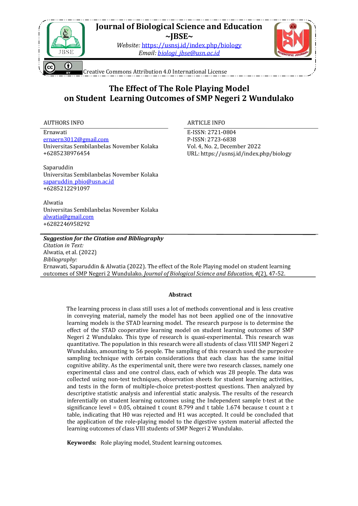 JURIS The Effect of The Role Playing Model on Student Learning Outcomes of SMP Negeri 2 Wundulako