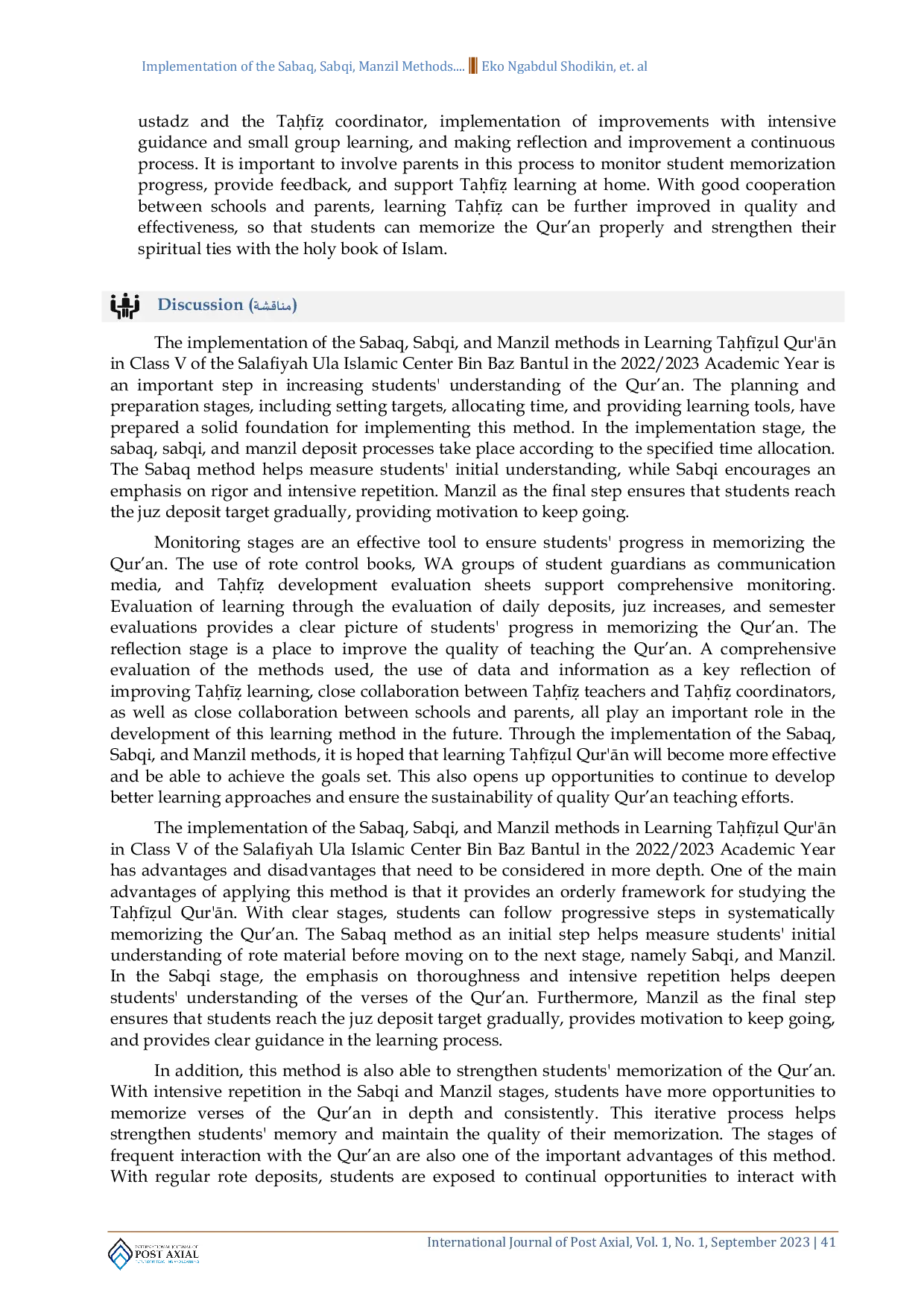JURIS Implementation of the Sabaq Sabqi Manzil Methods in Improving the Quality of Memorizing Qur an Learning in Class V Salafiyah Ula Islamic Center Bin Baz Bantul