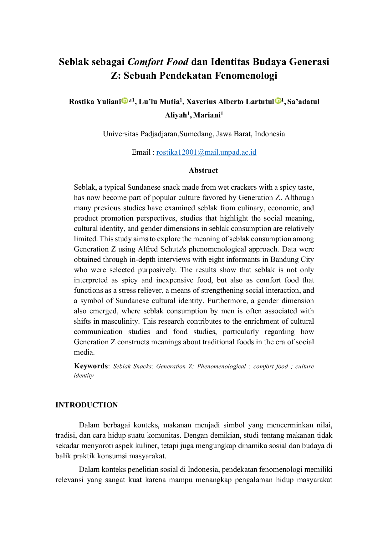JURIS Seblak as Comfort Food and Cultural Identity of Generation Z A Phenomenological Approach