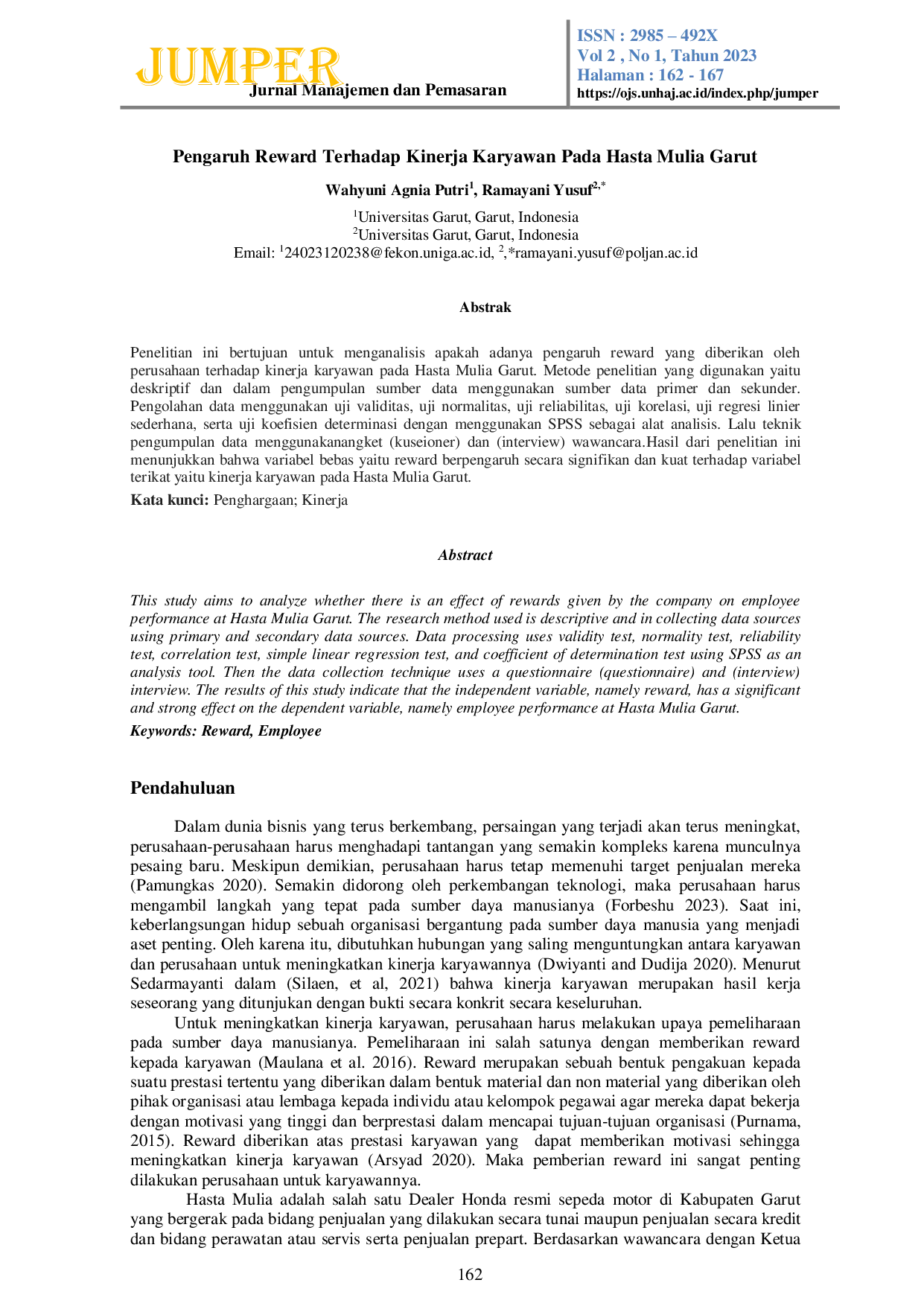 JURIS Pengaruh Reward Terhadap Kinerja Karyawan Pada Hasta Mulia Garut