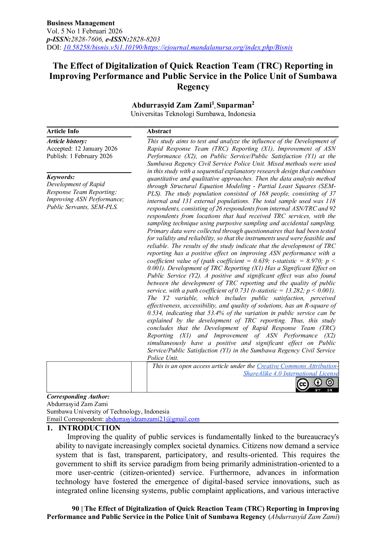 JURIS The Effect of Digitalization of Quick Reaction Team TRC Reporting in Improving Performance and Public Service in the Police Unit of Sumbawa Regency