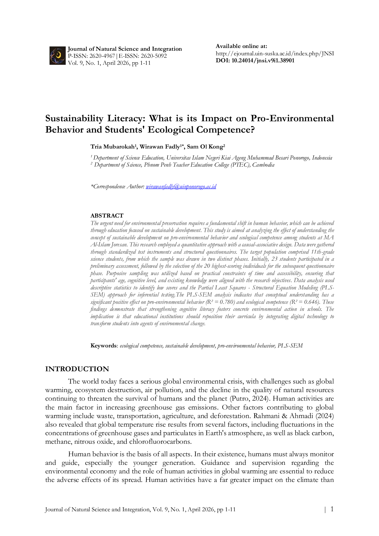JURIS Sustainability Literacy What is its Impact on Pro Environmental Behavior and Students Ecological Competence