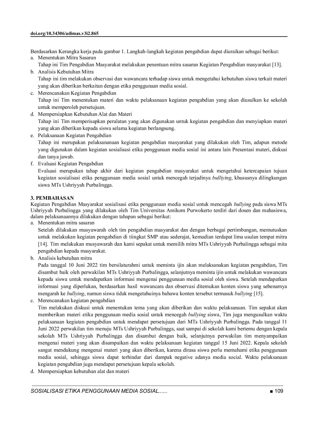 JURIS Sosialisasi Etika Penggunaan Media Sosial untuk Mencegah Bullying pada Siswa MTs Ushriyyah Purbalingga