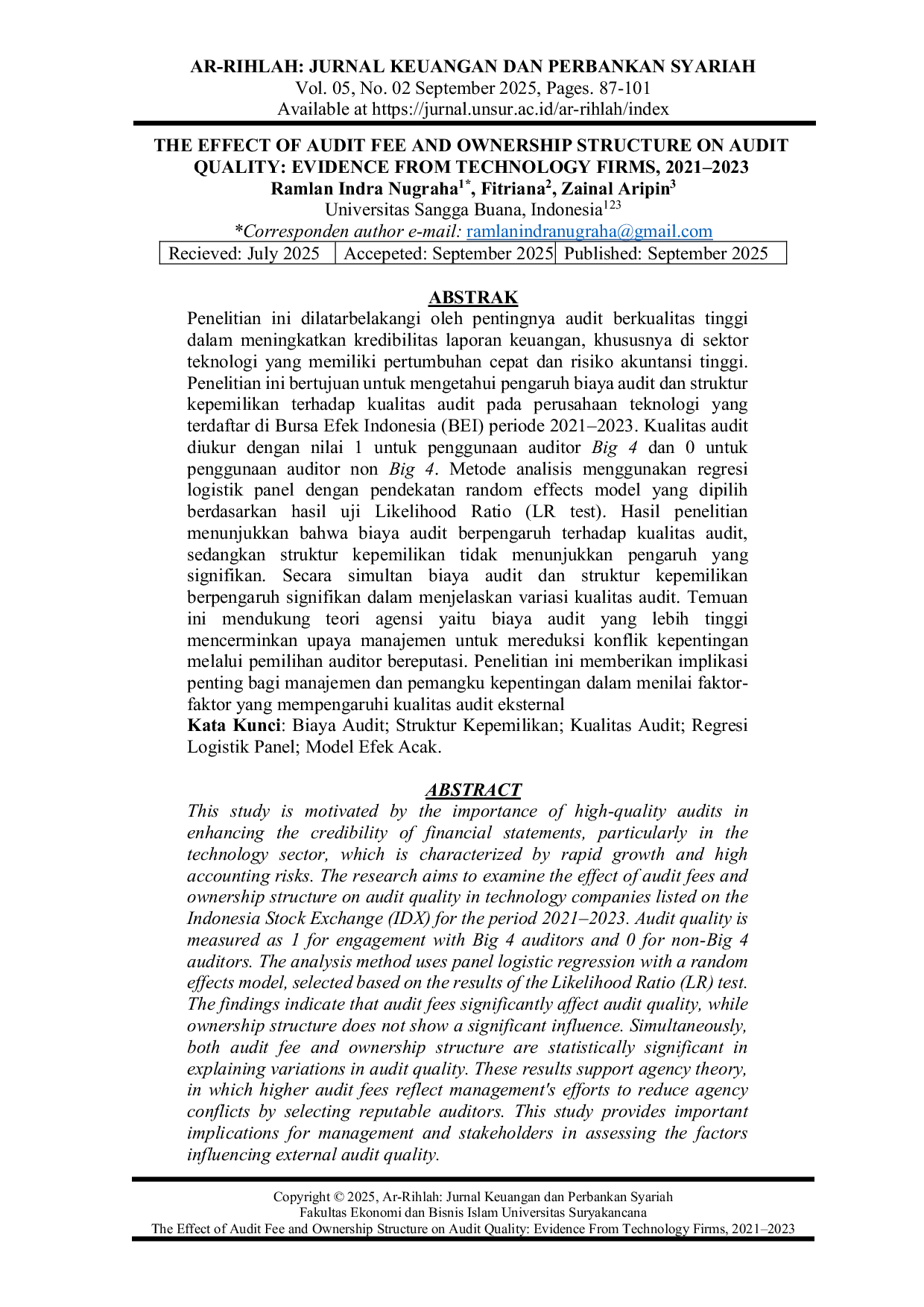 JURIS The Effect Of Audit Fee And Ownership Structure On Audit Quality Evidence From Technology Firms 2021 2023