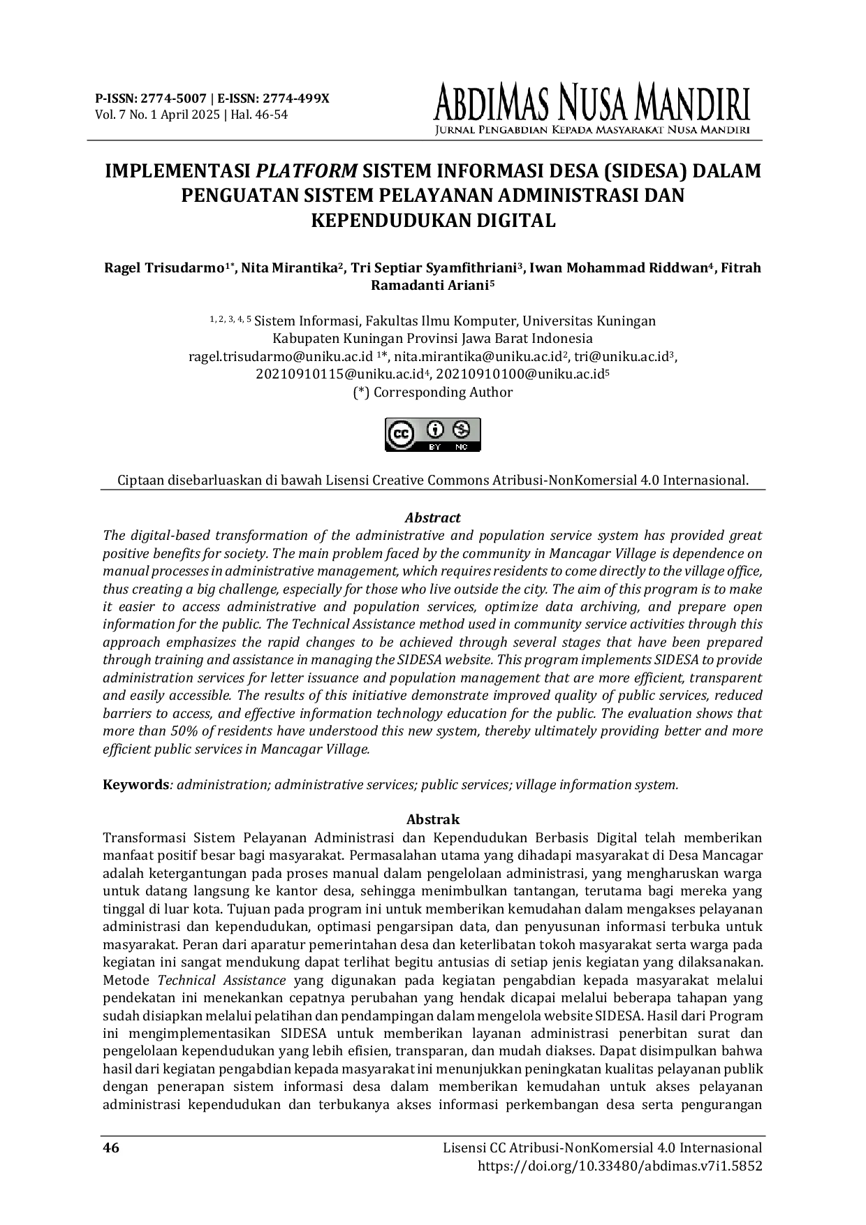 JURIS Implementasi Platform Sistem Informasi Desa SIDESA Dalam Pengukuhan Sistem Pelayanan Administrasi Dan Kependudukan Digital