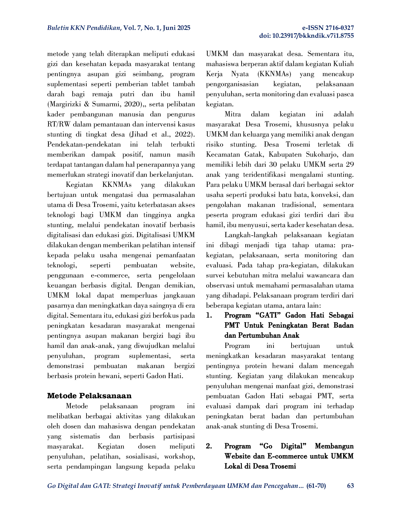 JURIS Go Digital dan GATI Strategi Inovatif untuk Pemberdayaan UMKM dan Pencegahan Stunting di Desa Trosemi