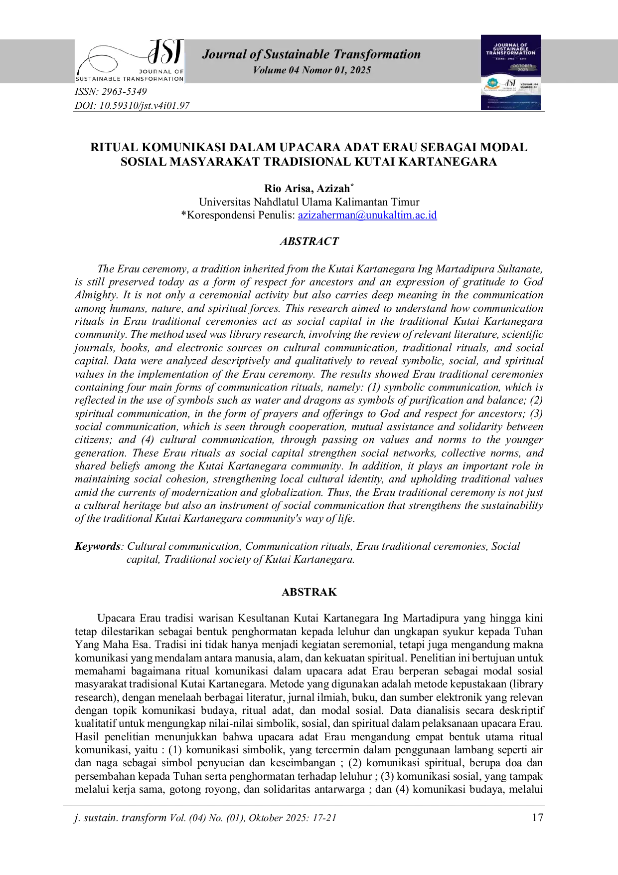 JURIS Ritual Komunikasi Dalam Upacara Adat Erau Sebagai Modal Sosial Masyarakat Tradisional Kutai Kartanegara
