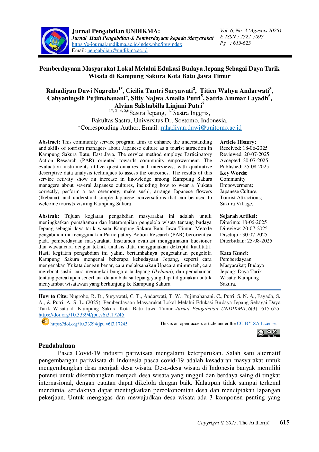 JURIS Pemberdayaan Masyarakat Lokal Melalui Edukasi Budaya Jepang Sebagai Daya Tarik Wisata di Kampung Sakura Kota Batu Jawa Timur