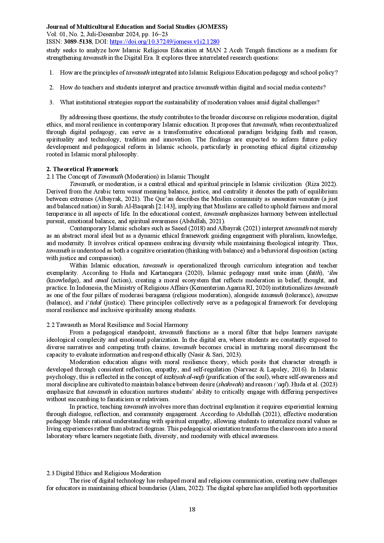 juris Islamic Religious Education as a Medium for Strengthening the Value of Moderation Tawasuth in the Digital Era A Case Study at MAN 2 Aceh Tengah