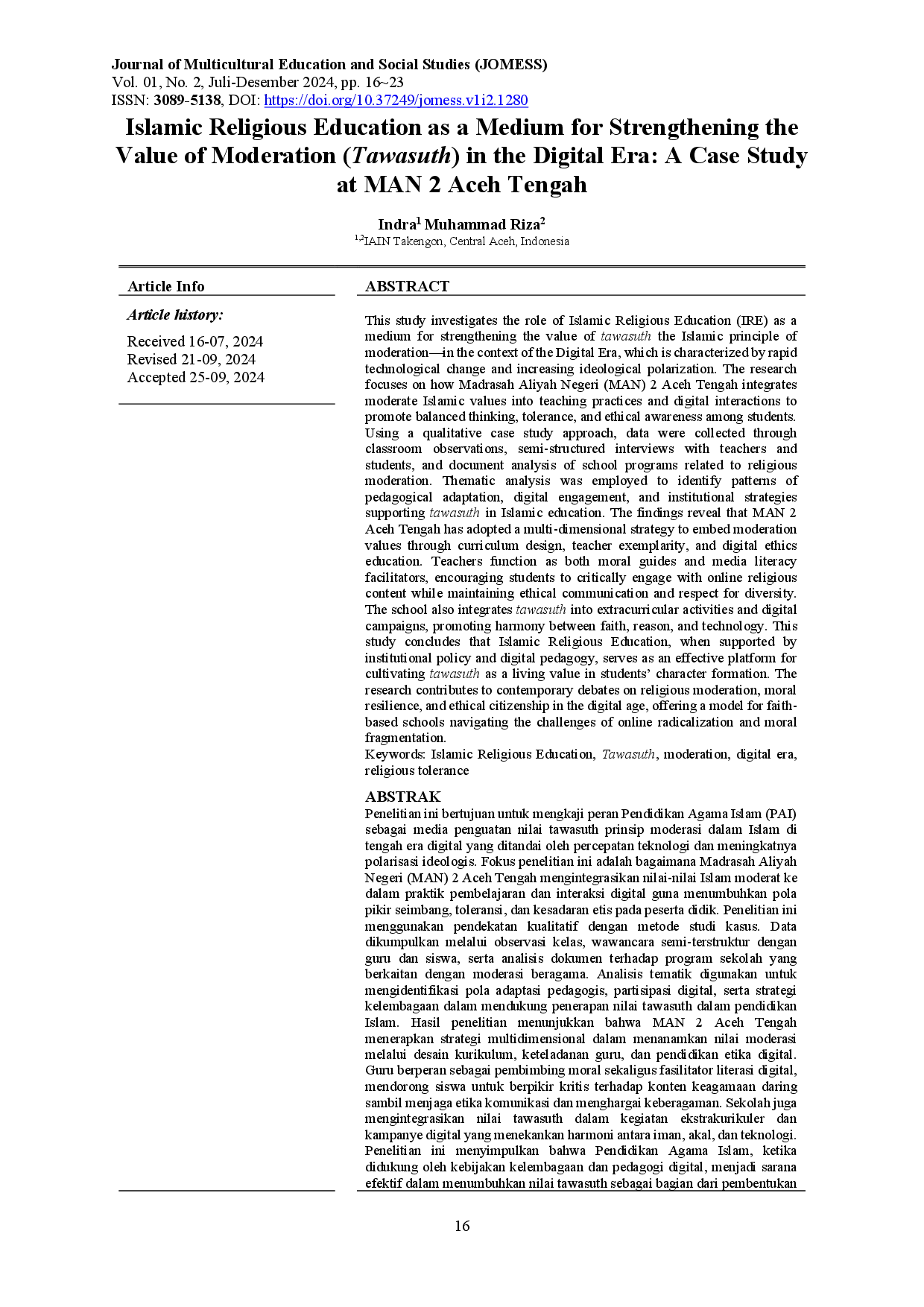 juris Islamic Religious Education as a Medium for Strengthening the Value of Moderation Tawasuth in the Digital Era A Case Study at MAN 2 Aceh Tengah