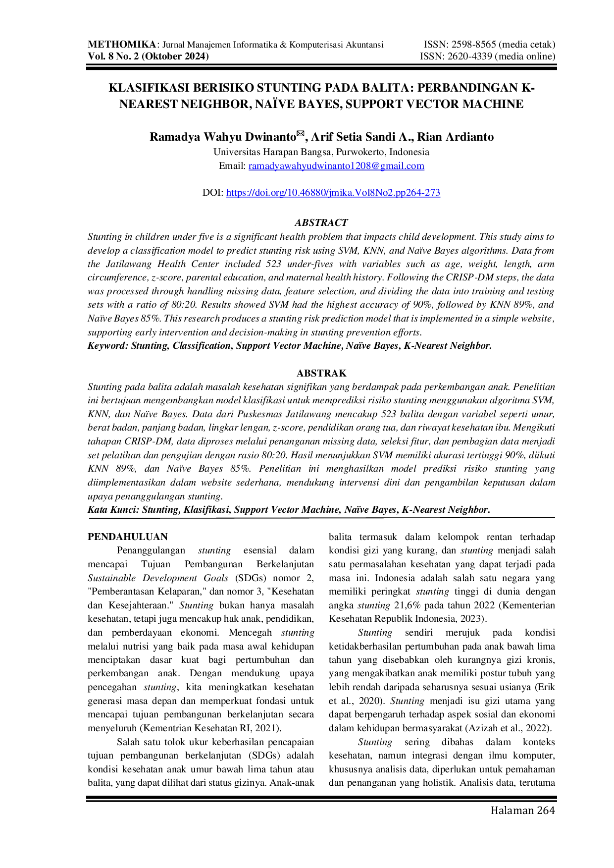 JURIS Klasifikasi Berisiko Stunting Pada Balita Perbandingan K Nearest Neighbor Na ve Bayes Support Vector Machine