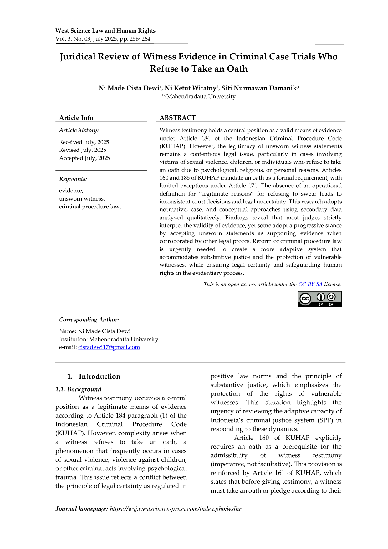 JURIS Juridical Review of Witness Evidence in Criminal Case Trials Who Refuse to Take an Oath
