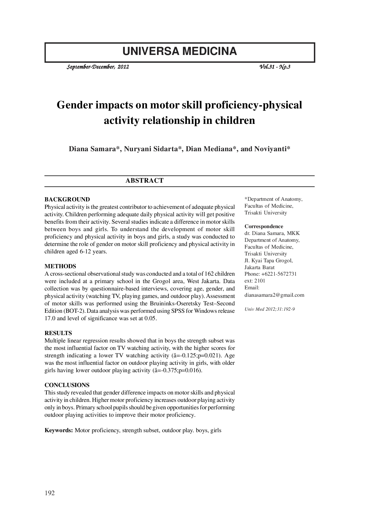 JURIS Gender impacts on motor skill proficiency physical activity relationship in children