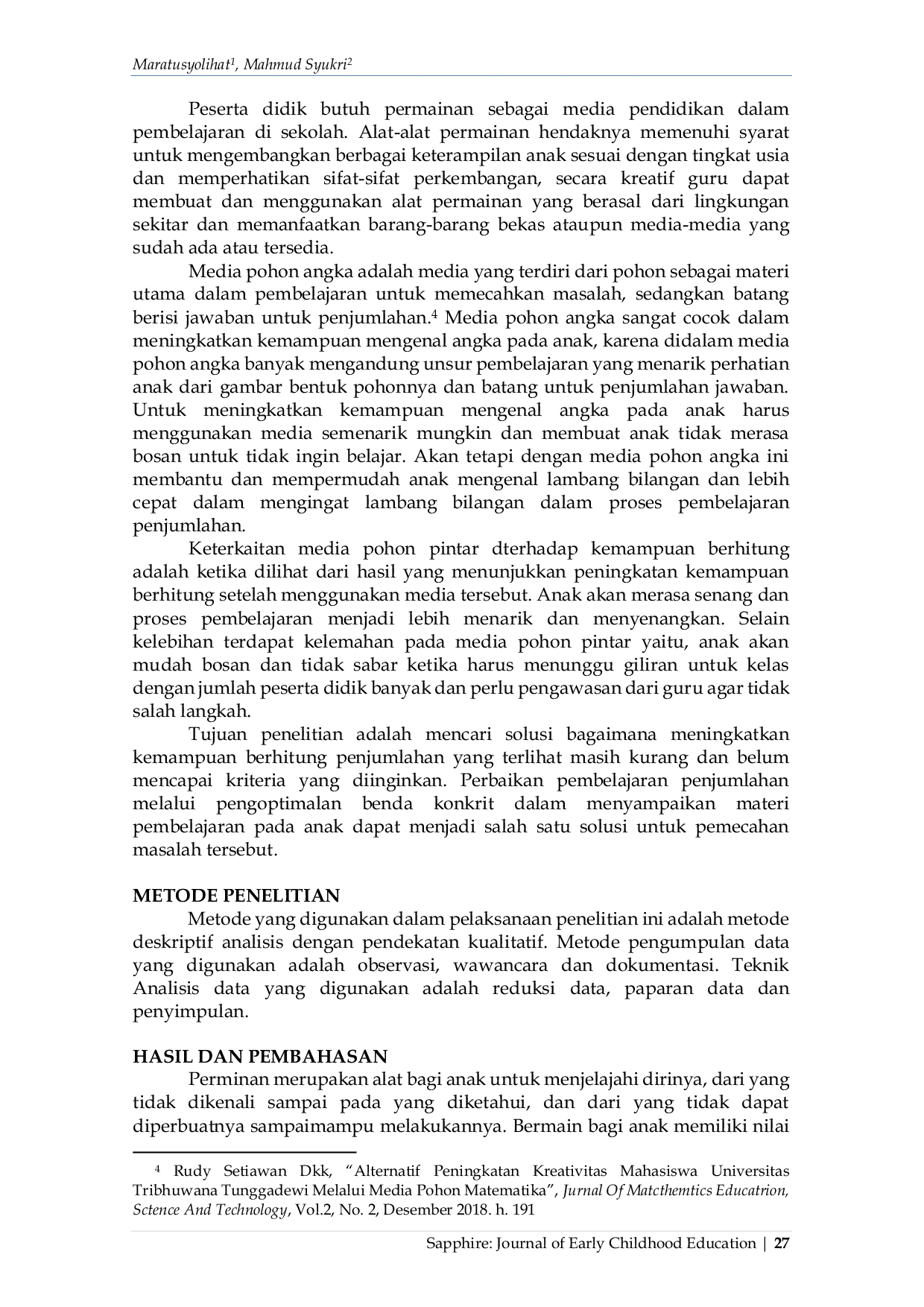 JURIS Bermain Pohon Angka untuk Meningkatkan Kemampuan Berhitung Siswa Madrasah Ibtidaiyah