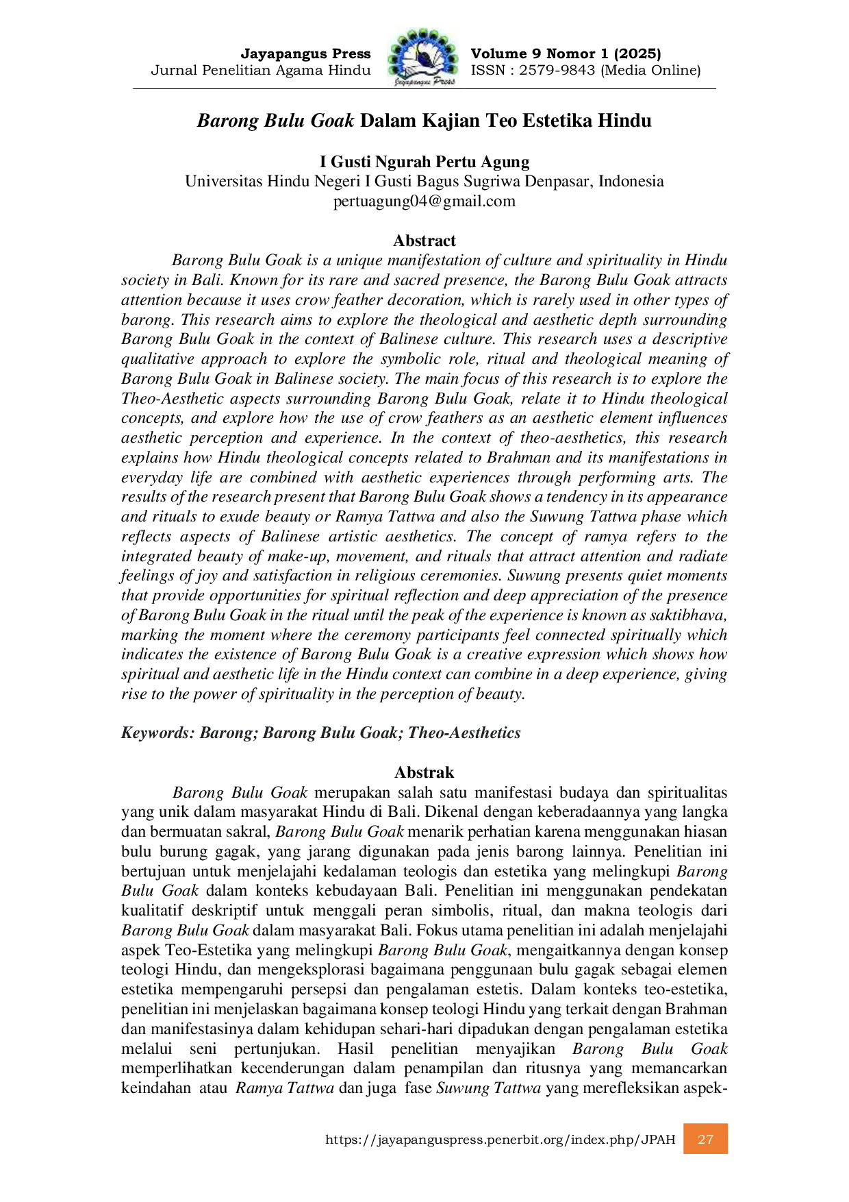 JURIS Barong Bulu Goak Dalam Kajian Teo Estetika Hindu