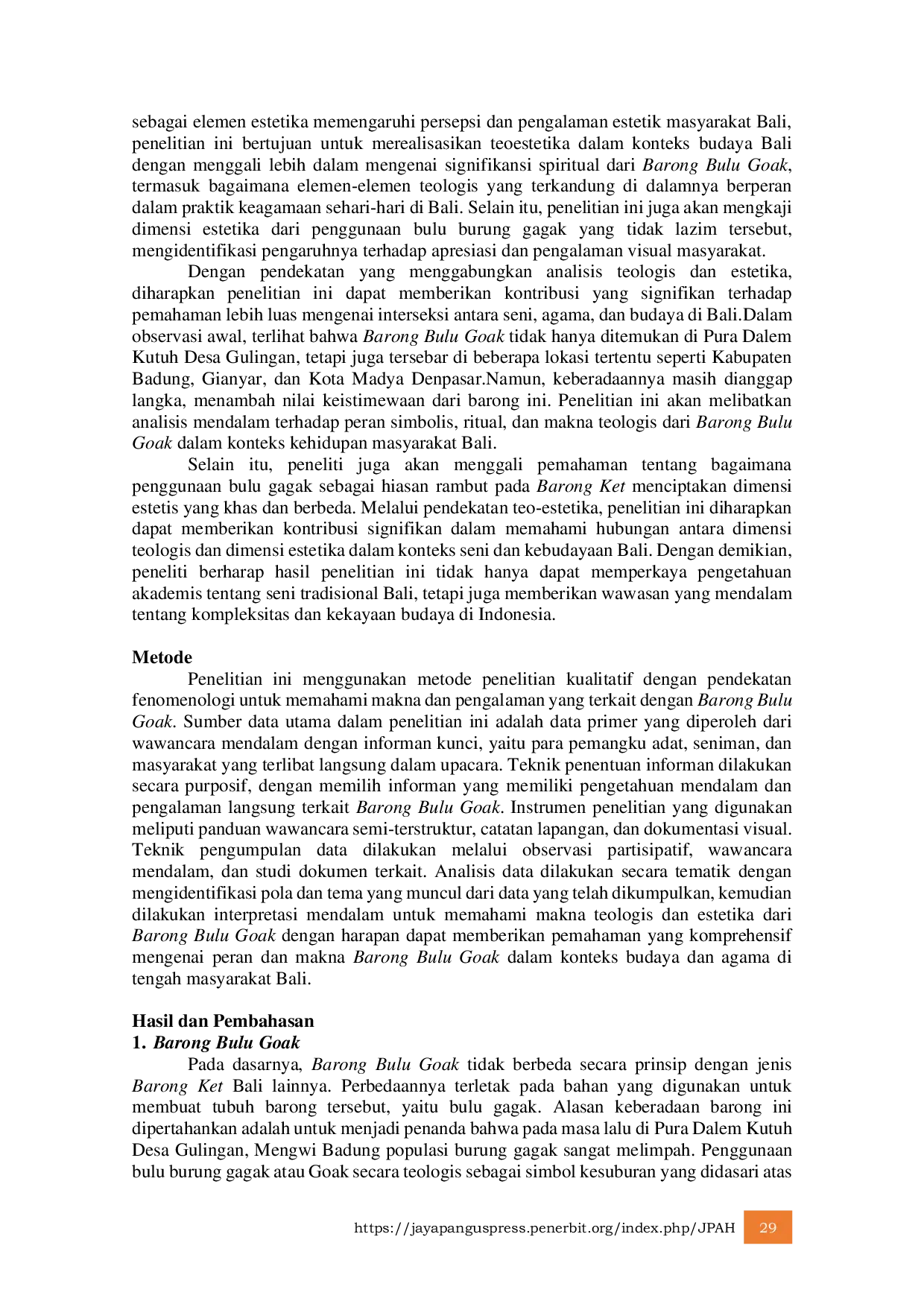 JURIS Barong Bulu Goak Dalam Kajian Teo Estetika Hindu