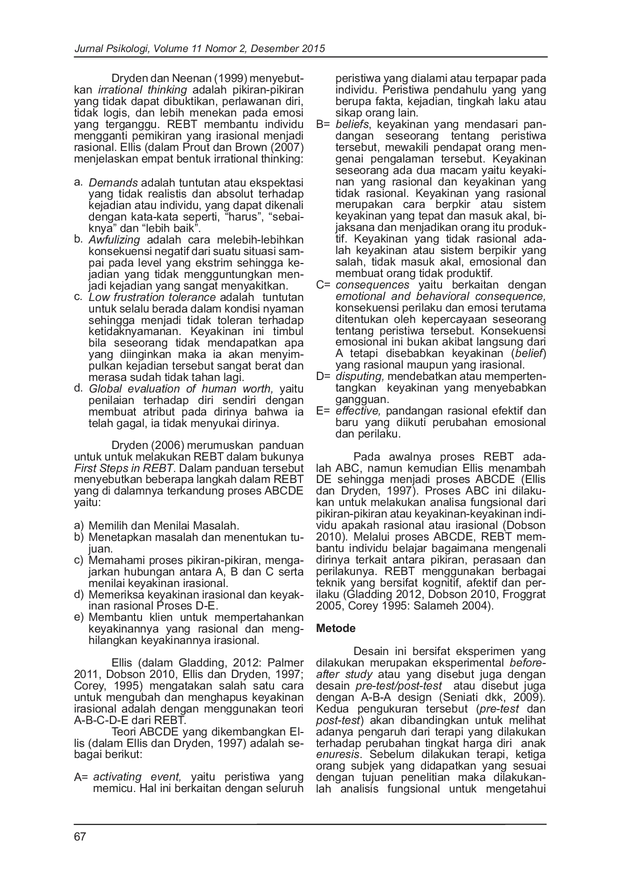 JURIS Efektivitas Rational Emotive Behavior Therapy Untuk Meningkatkan Harga Diri Pada Anak Enuresis