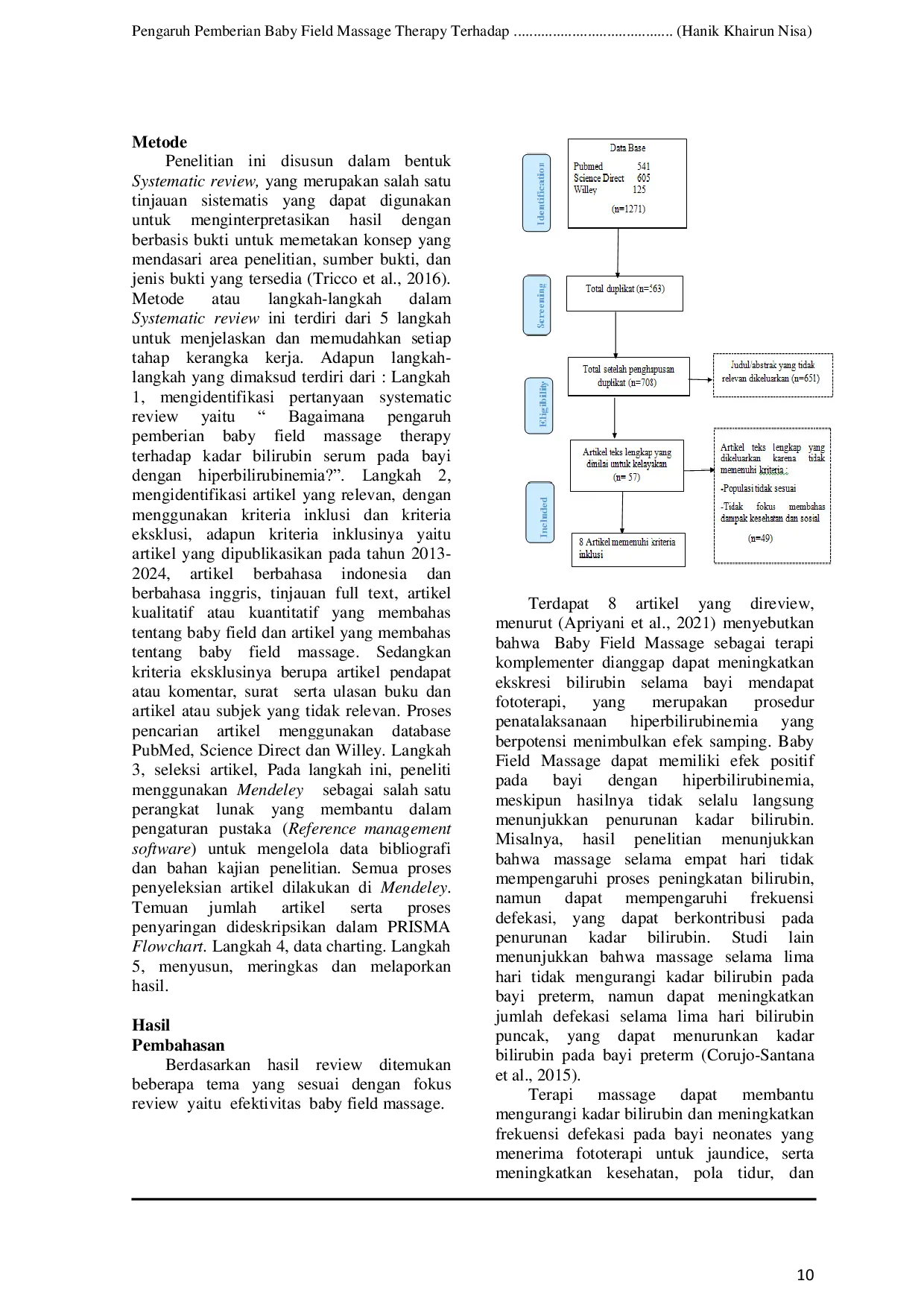 JURIS Pengaruh Pemberian Baby Field Massage Therapy Terhadap Kadar Bilirubin Serum Pada Bayi Dengan Hiperbilirubinemia Systematic Review