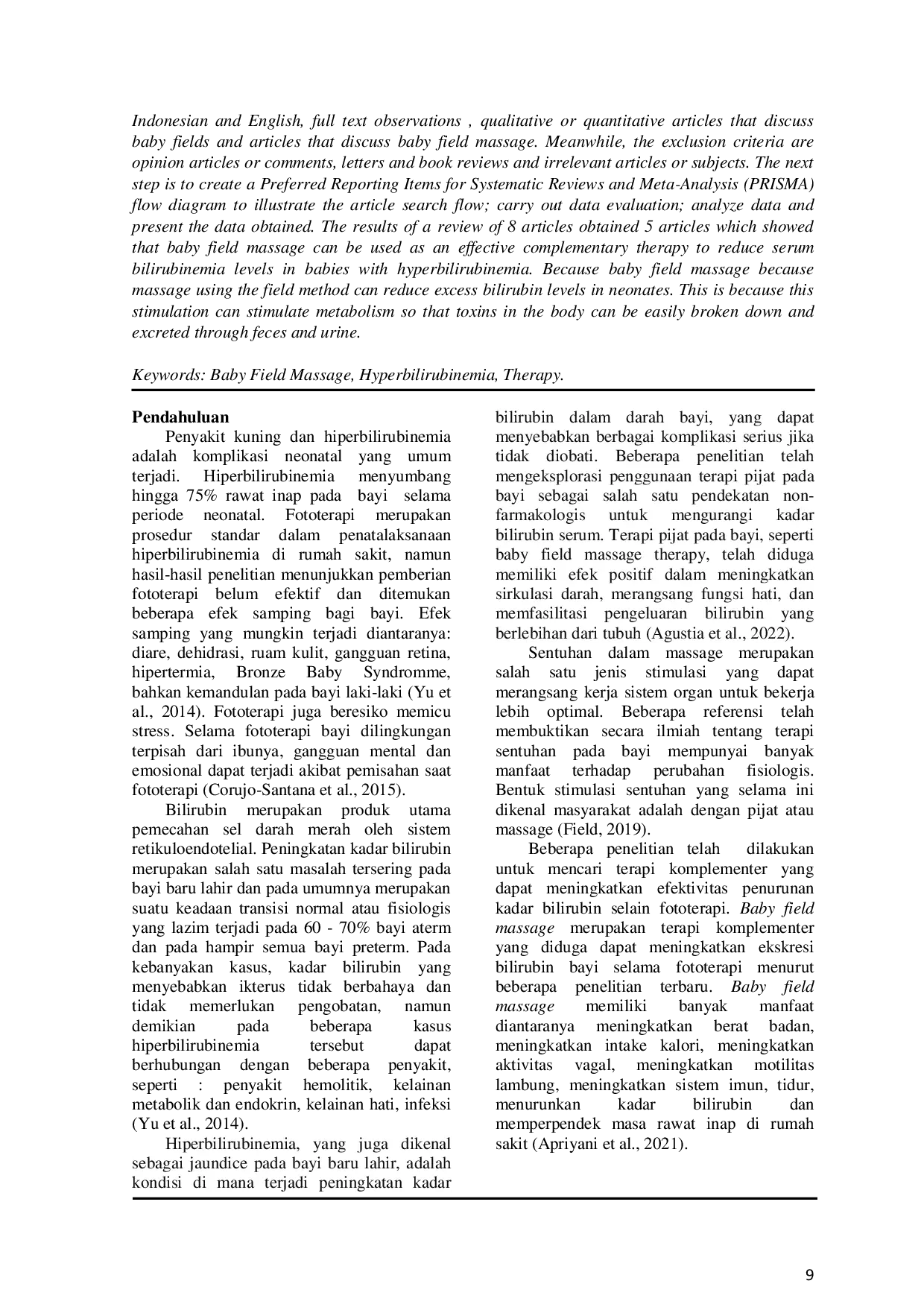 JURIS Pengaruh Pemberian Baby Field Massage Therapy Terhadap Kadar Bilirubin Serum Pada Bayi Dengan Hiperbilirubinemia Systematic Review