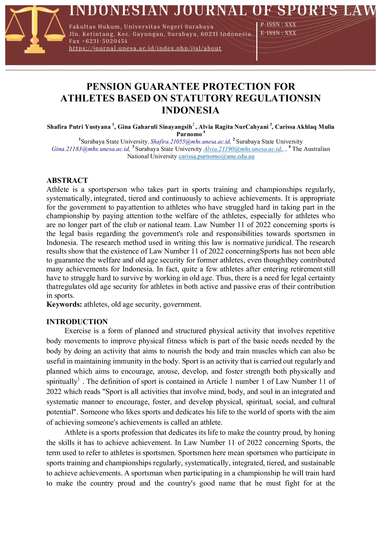 JURIS Pension Guarantee Protection For Athletes Based On Statutory Regulations In Indonesia