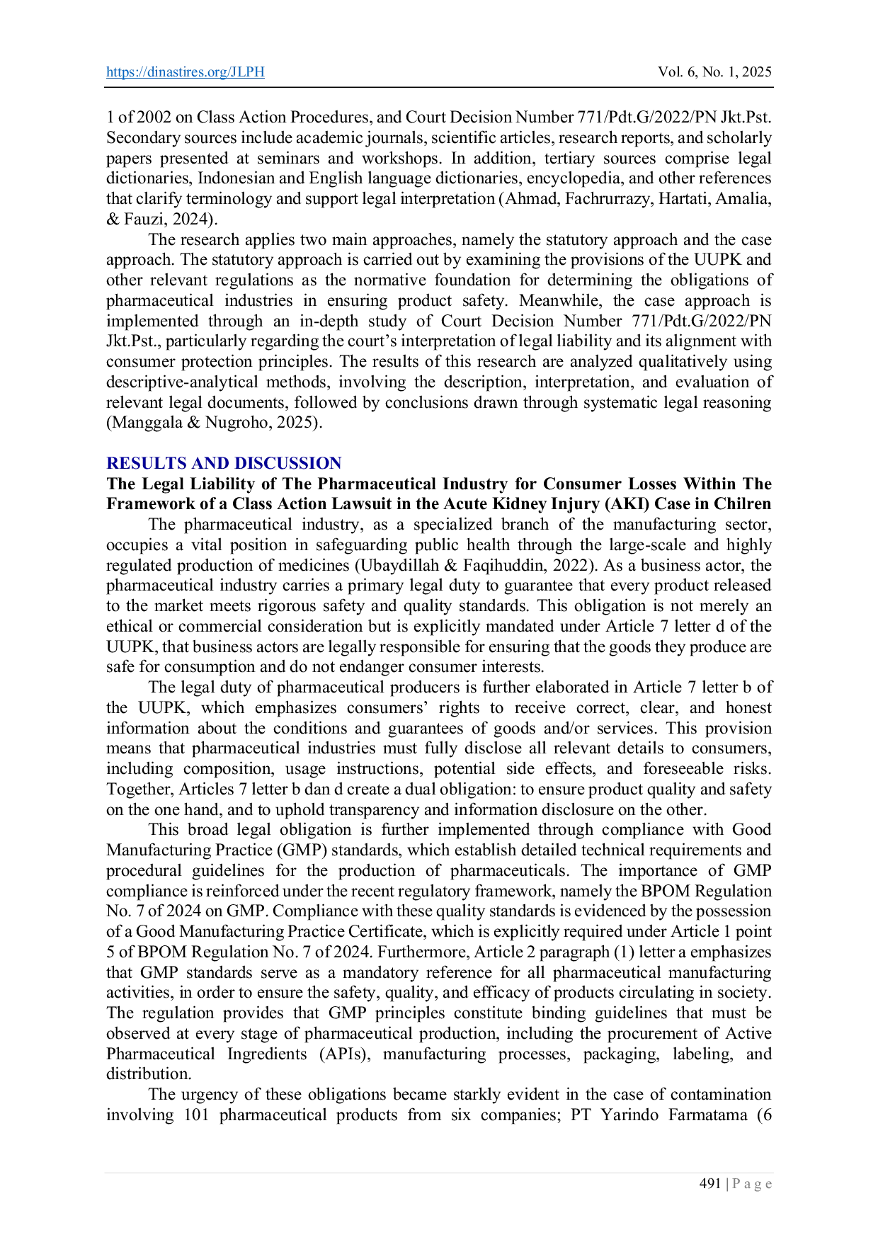 JURIS Legal Liability of Pharmaceutical Industry In Consumer Class Action Lawsuits Analysis of Court Decision Number 771 Pdt G 2022 Pn Jkt Pst