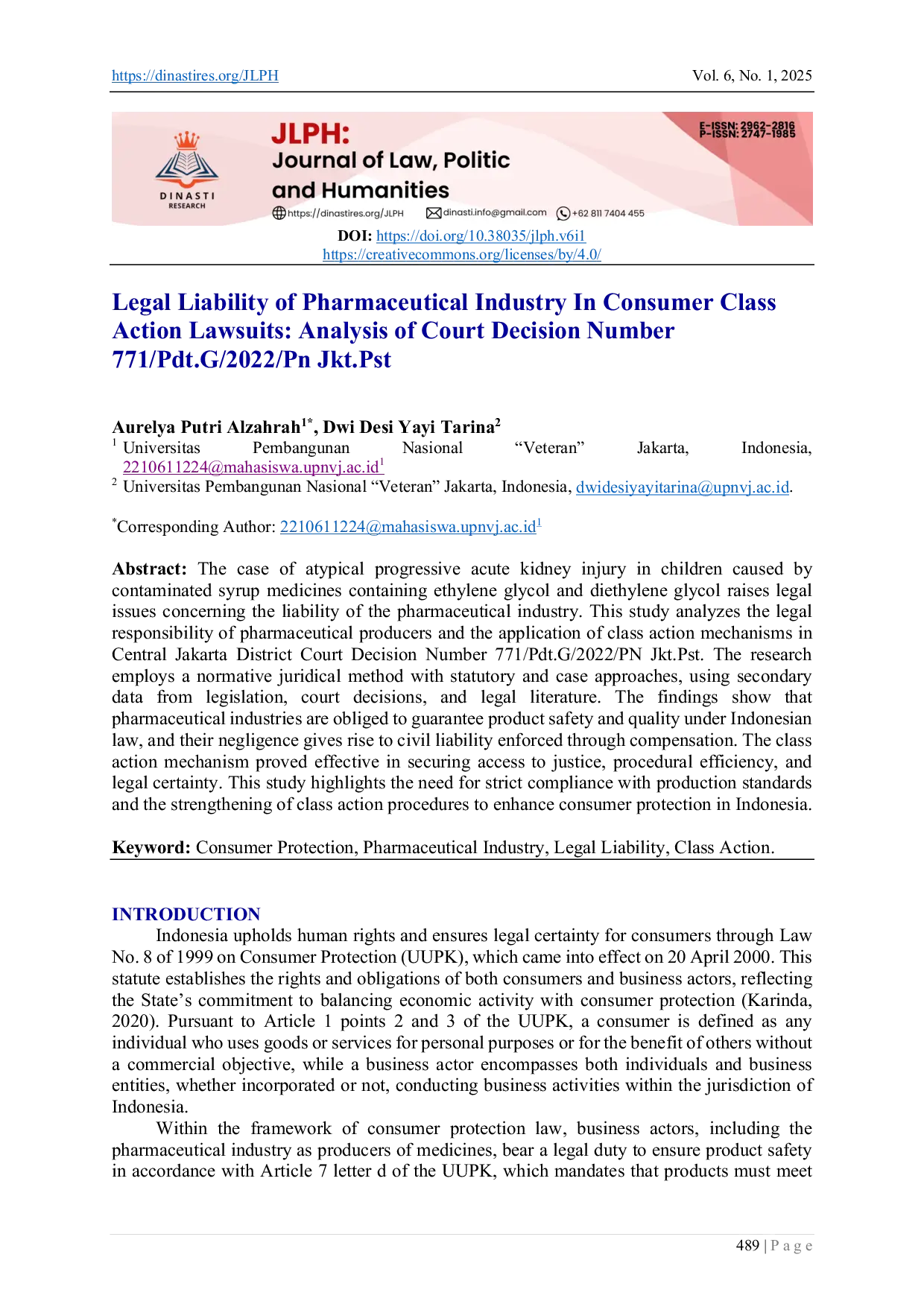 JURIS Legal Liability of Pharmaceutical Industry In Consumer Class Action Lawsuits Analysis of Court Decision Number 771 Pdt G 2022 Pn Jkt Pst