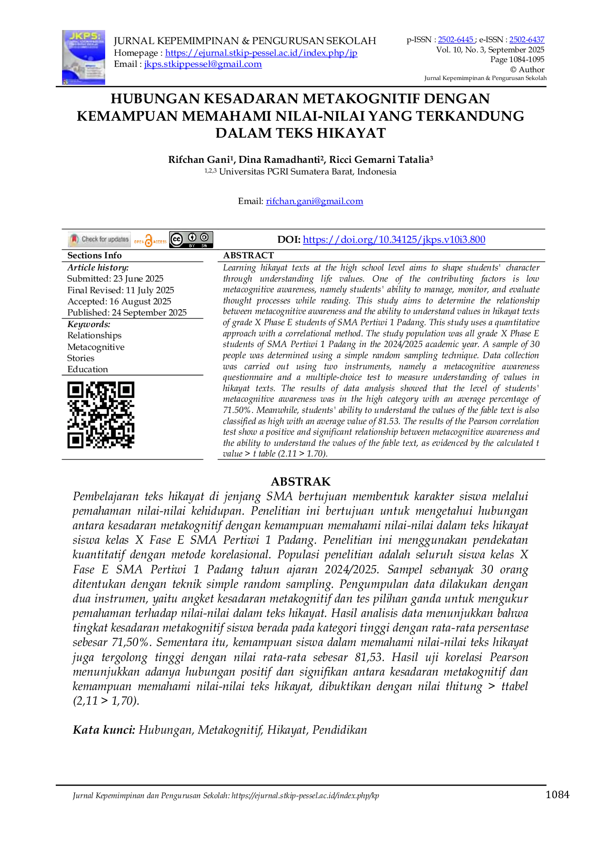 JURIS Hubungan Kesadaran Metakognitif Dengan Kemampuan Memahami Nilai Nilai Yang Terkandung Dalam Teks Hikayat