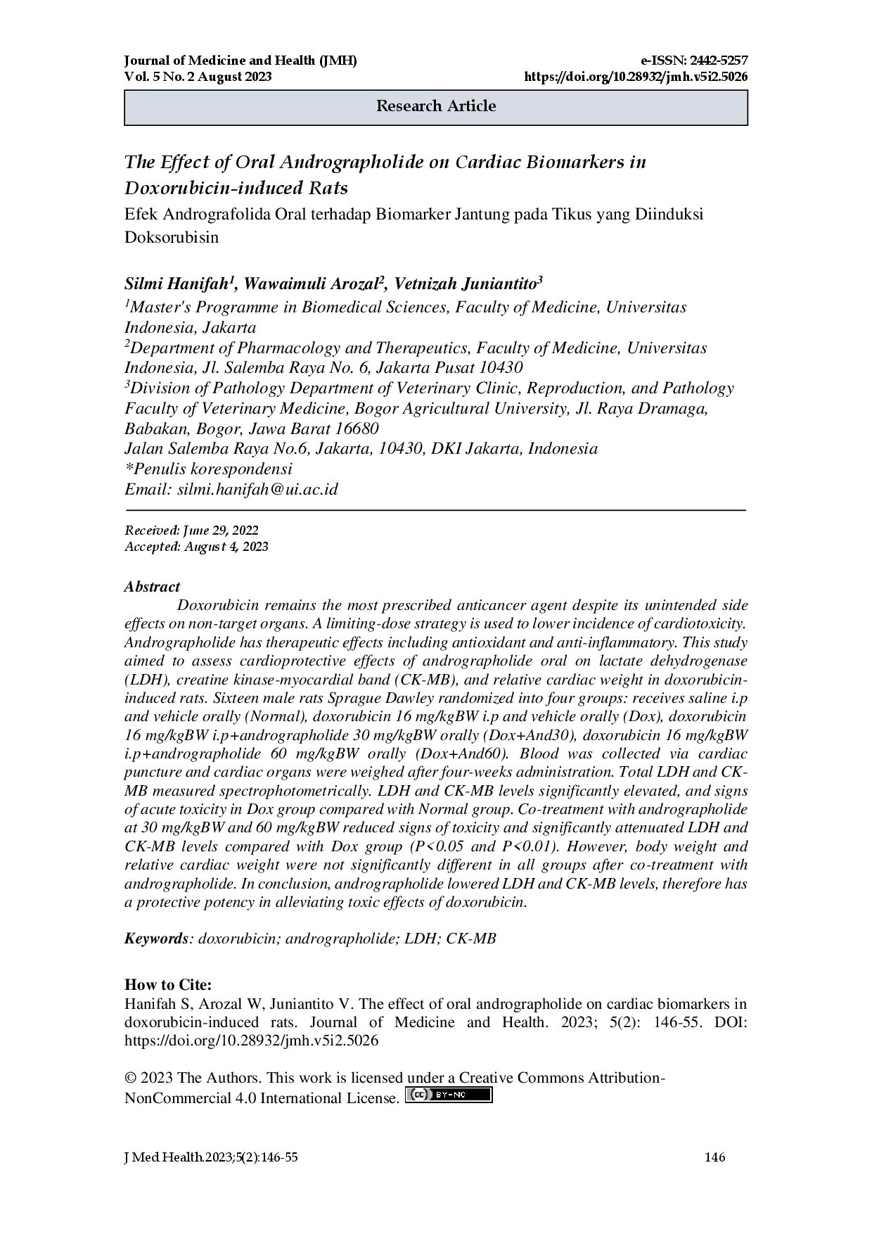 juris Efek Andrographolide Oral Terhadap Biomarker Jantung pada Tikus yang Diinduksi Doxorubicin