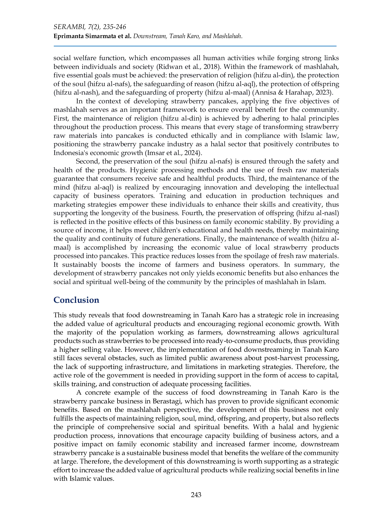 JURIS The Role of food downstreaming in community welfare Strawberry pancake in Berastagi from a Mashlahah perspective