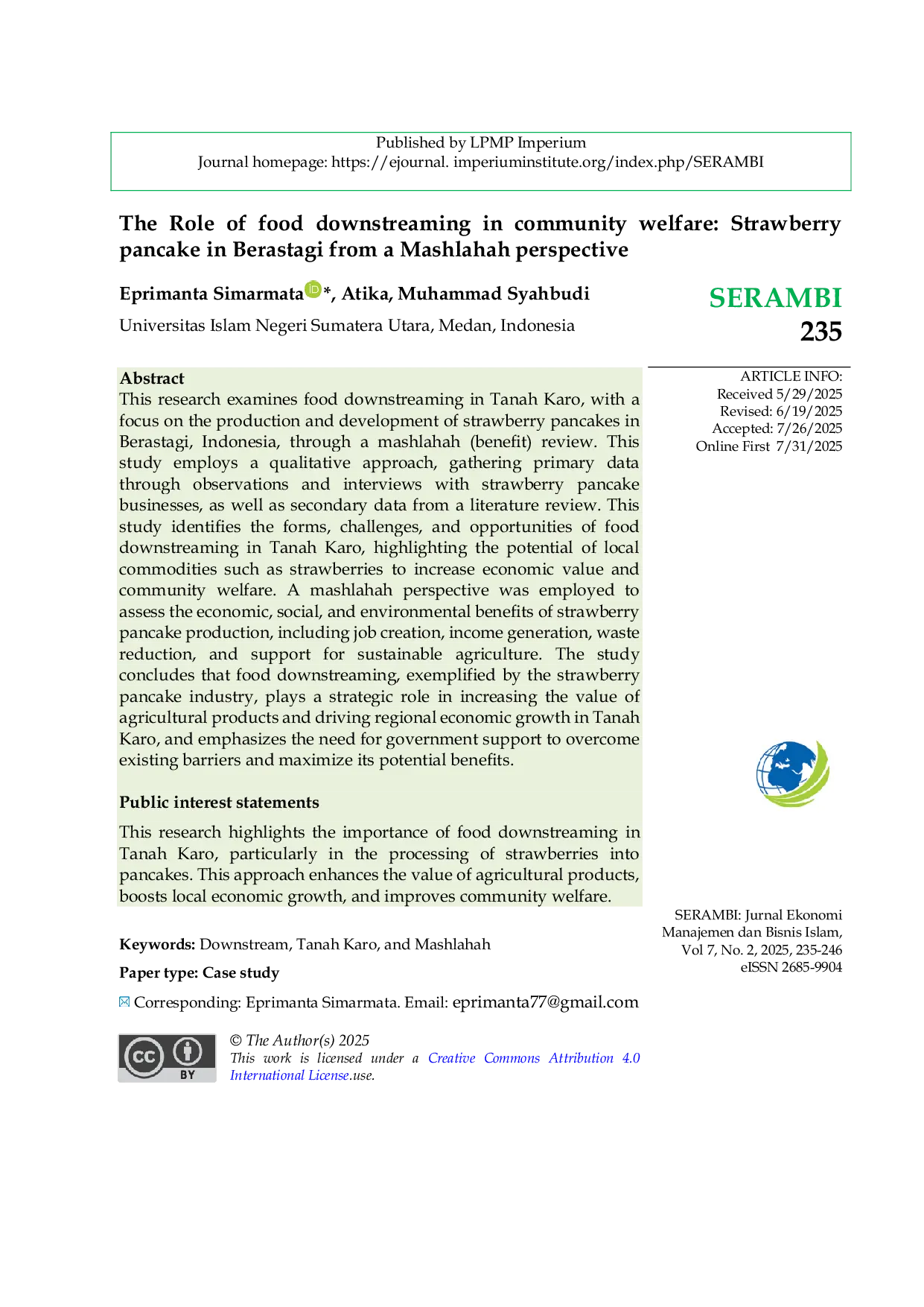 JURIS The Role of food downstreaming in community welfare Strawberry pancake in Berastagi from a Mashlahah perspective