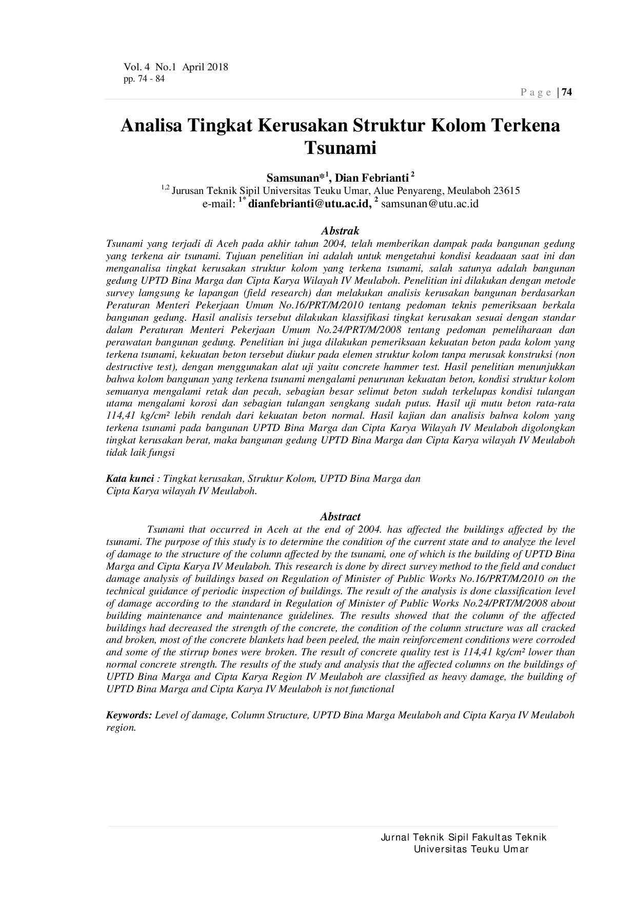 JURIS Analisa Tingkat Kerusakan Struktur Kolom Terkena Tsunami