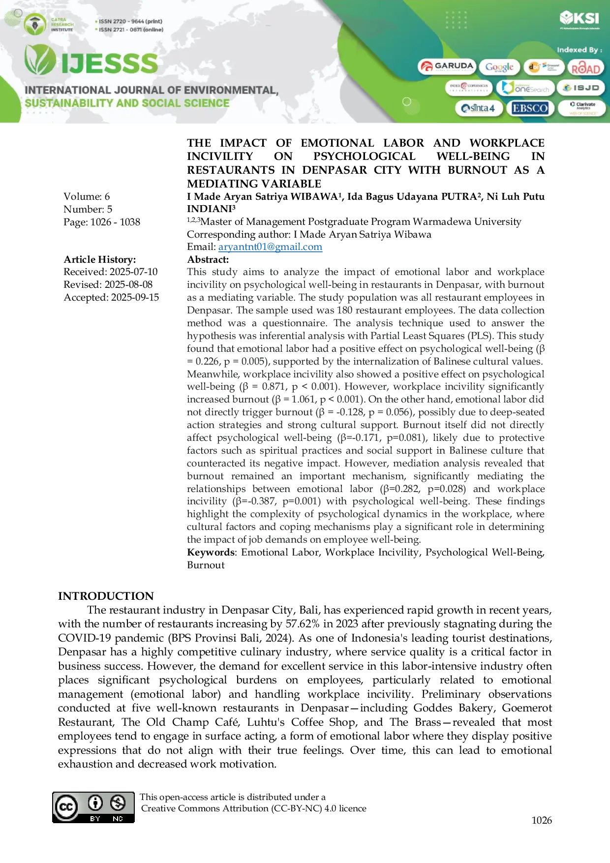 JURIS The Impact of Emotional Labor and Workplace Incivility on Psychological Well Being in Restaurants in Denpasar City with Burnout as a Mediating Variable