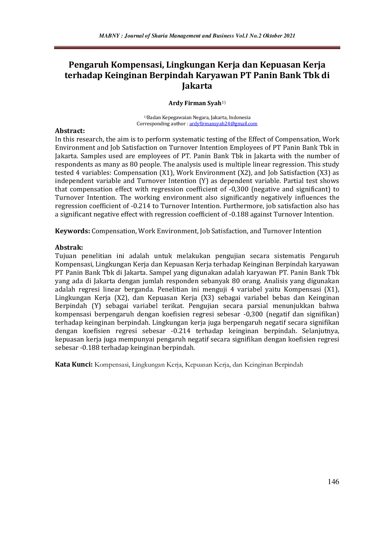 JURIS Pengaruh Kompensasi Lingkungan Kerja dan Kepuasan Kerja terhadap Keinginan Berpindah Karyawan PT Panin Bank Tbk di Jakarta