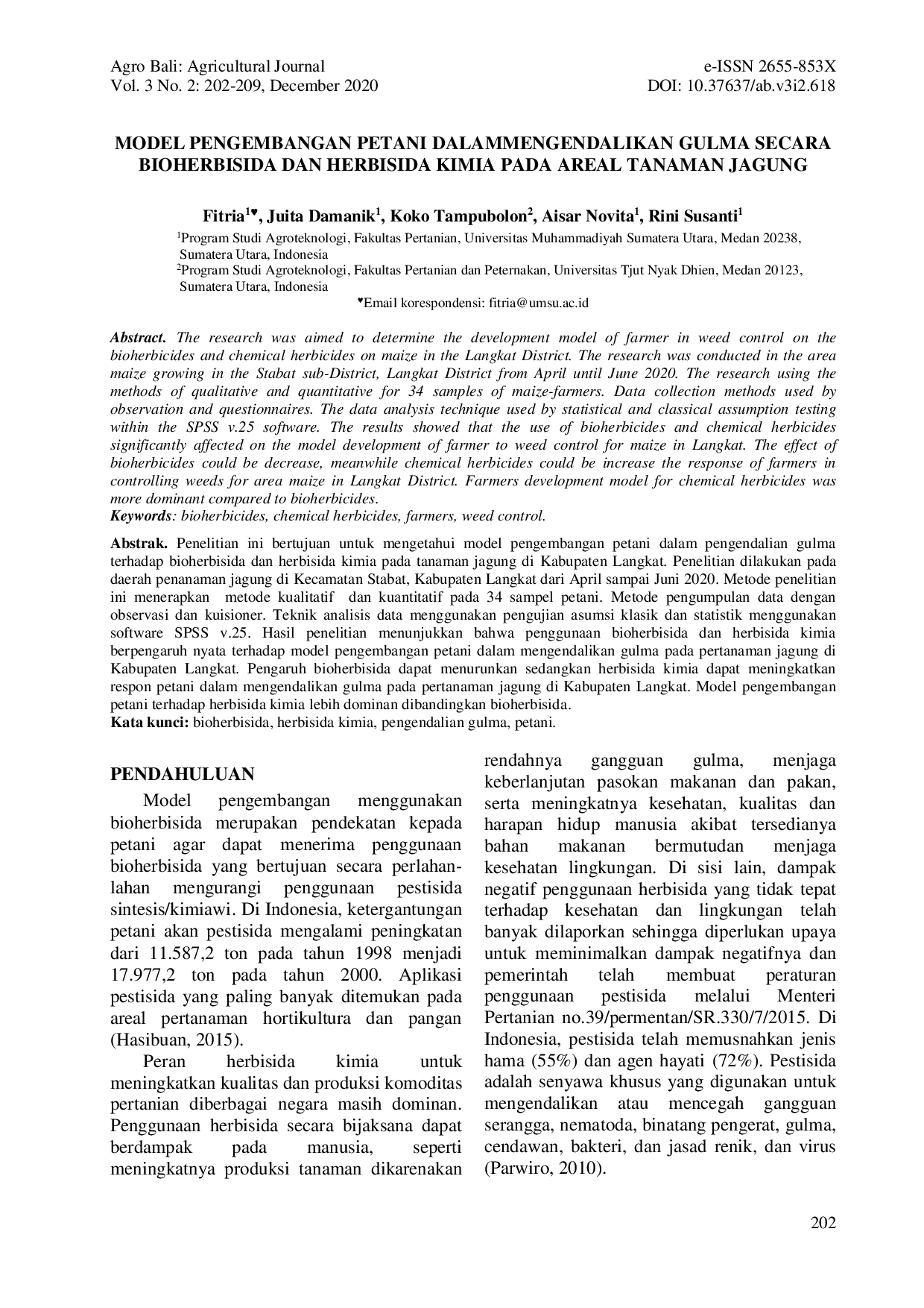 JURIS Model Pengembangan Petani Dalam Mengendalikan Gulma Secara Bioherbisida Dan Herbisida Kimia Pada Areal Tanaman Jagung