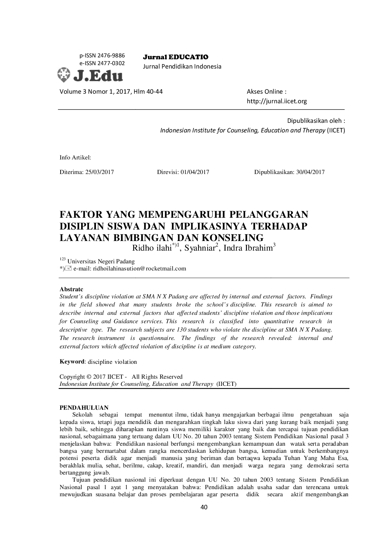 JURIS Faktor yang Mempengaruhi Pelanggaran Disiplin Siswa dan Implikasinya Terhadap Layanan Bimbingan dan Konseling