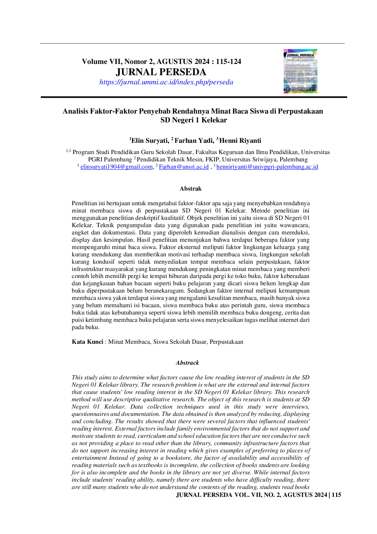 juris Analisis Faktor Faktor Penyebab Rendahnya Minat Baca Siswa di Perpustakaan SD Negeri 1 Kelekar