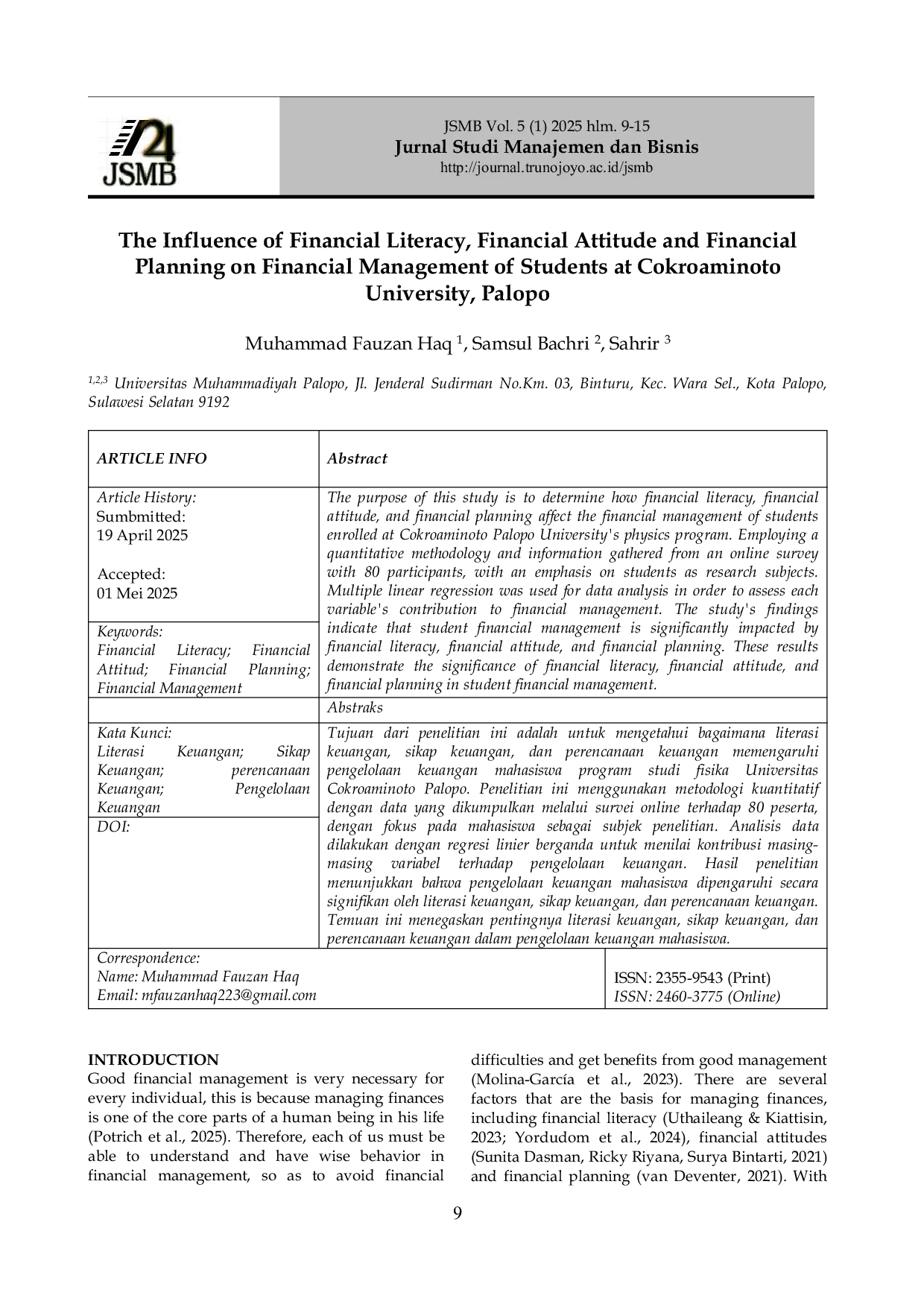 JURIS The Influence of Financial Literacy Financial Attitude and Financial Planning on Financial Management of Students at Cokroaminoto University Palopo
