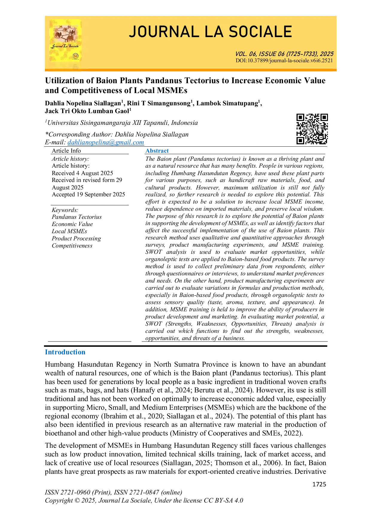 JURIS Utilization of Baion Plants Pandanus Tectorius to Increase Economic Value and Competitiveness of Local MSMEs