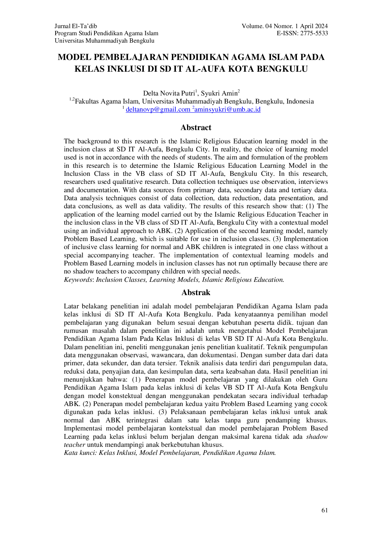 JURIS Model Pembelajaran Pendidikan Agama Islam Pada Kelas Inklusi Di SD IT Al Aufa Kota Bengkulu