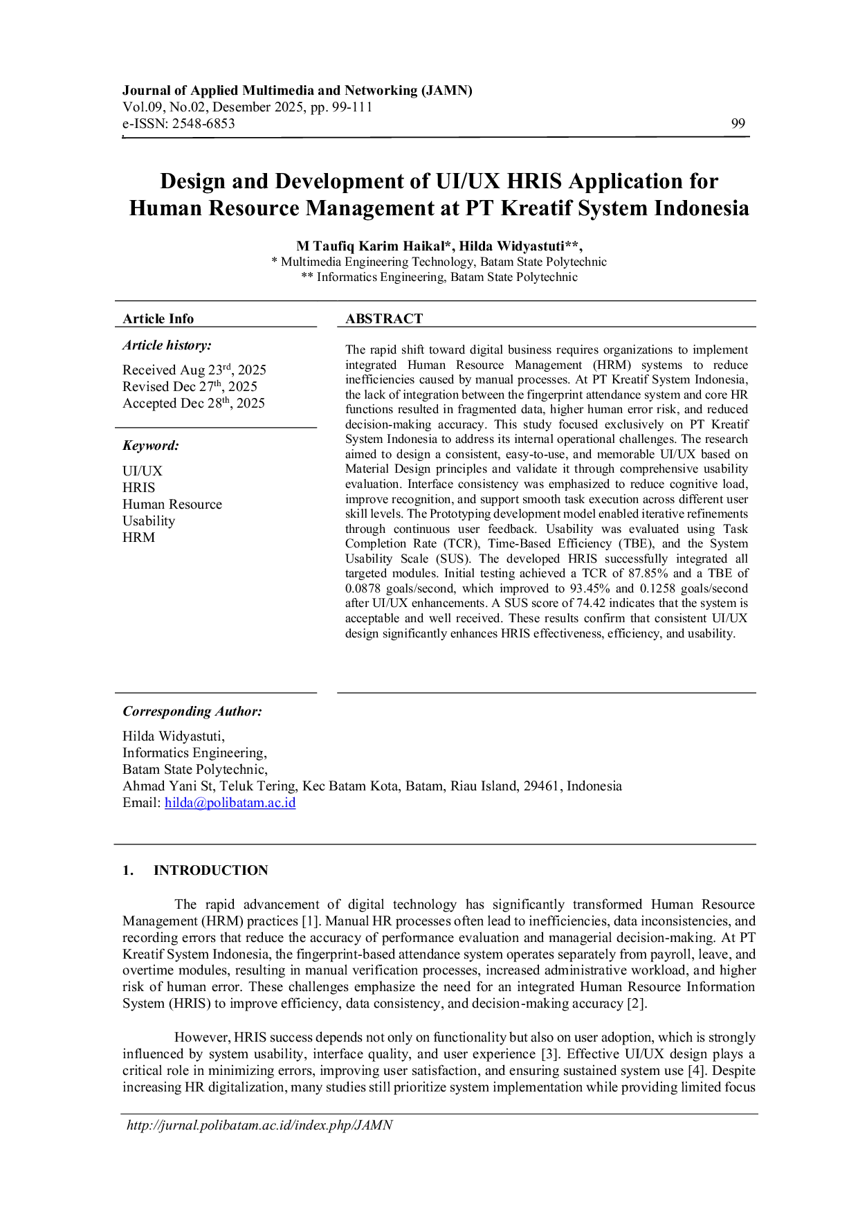 JURIS Design and Development of UI UX HRIS Application for Human Resource Management at PT Kreatif System Indonesia