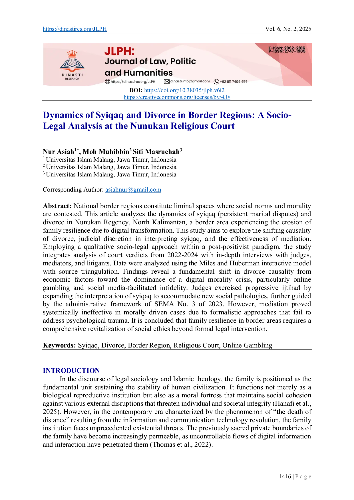 JURIS Dynamics of Syiqaq and Divorce in Border Regions A Socio Legal Analysis at the Nunukan Religious Court