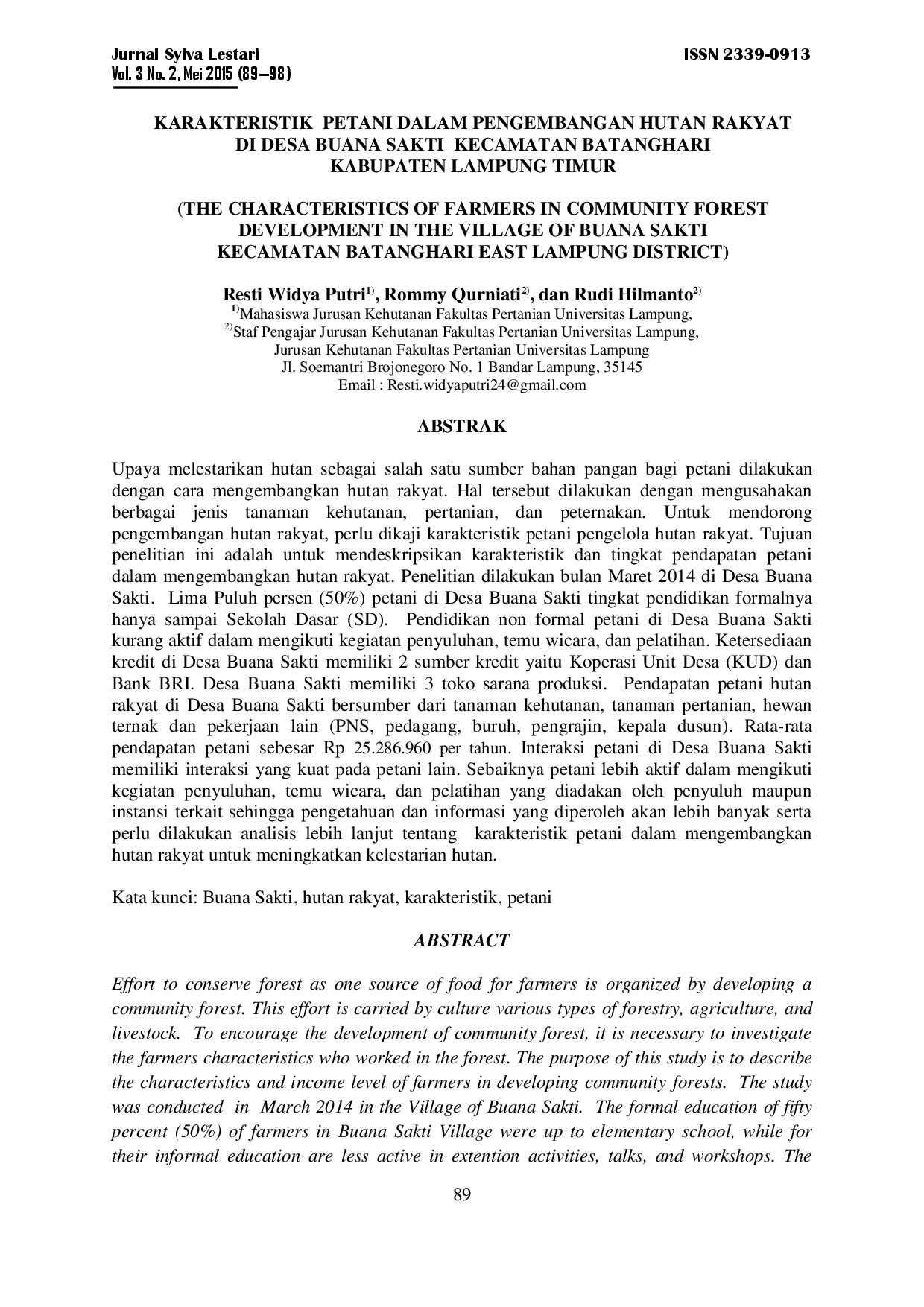 juris Karakteristik Petani Dalam Pengembangan Hutan Rakyat Di Desa Buana Sakti Kecamatan Batanghari Kabupaten Lampung Timur