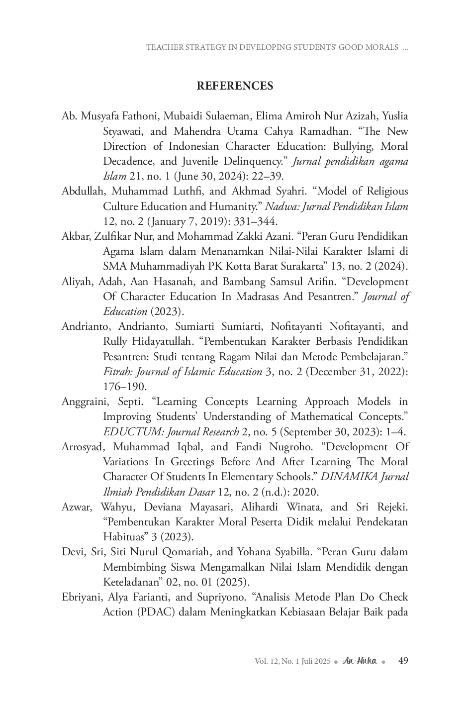 JURIS Teacher Strategy in Developing Students Good Morals Through Habits at SDI Nurul Qur an