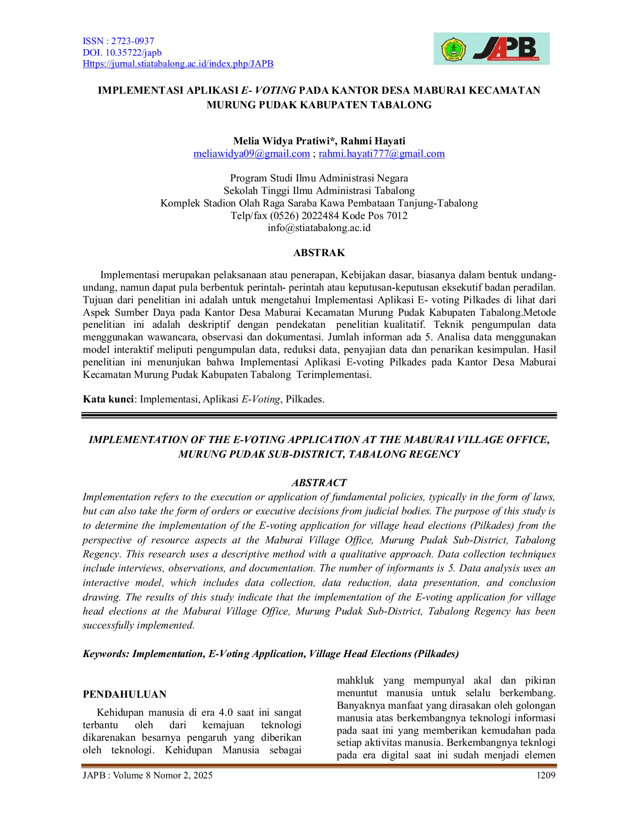 JURIS Implementasi Aplikasi E Voting Pada Kantor Desa Maburai Kecamatan Murung Pudak Kabupaten Tabalong