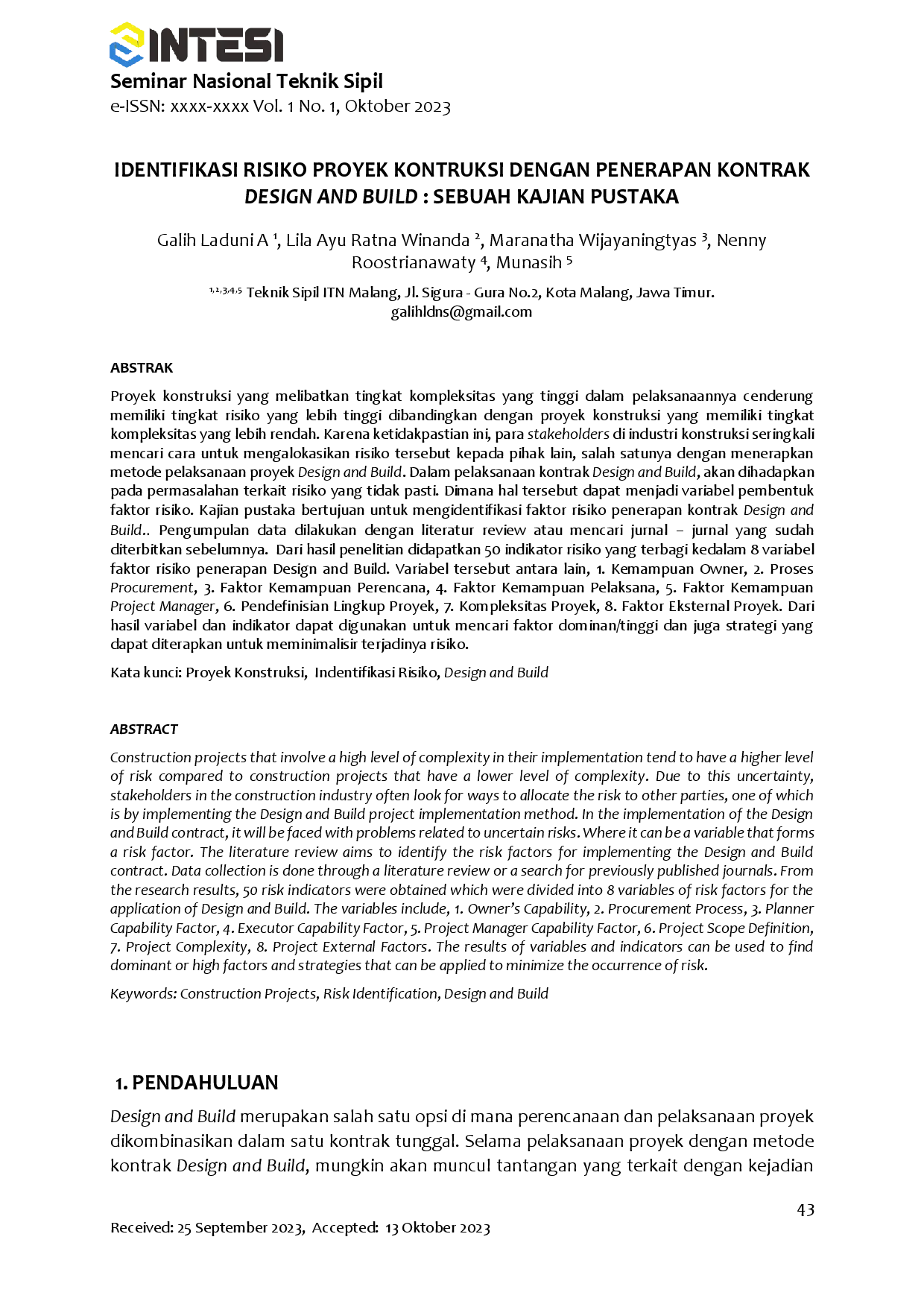 juris Identifikasi Risiko Proyek Kontruksi Dengan Penerapan Kontrak Design And Build Sebuah Kajian Pustaka