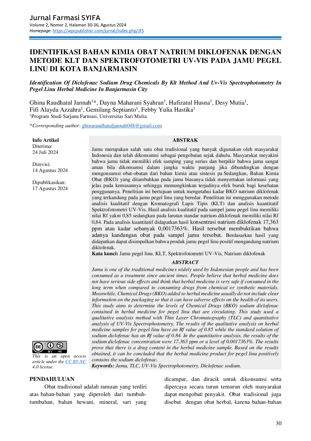 JURIS Identifikasi Bahan Kimia Obat Natrium Diklofenak Dengan Metode KLT Dan Spektrofotometri Uv Vis Pada Jamu Pegel Linu Di Kota Banjarmasin
