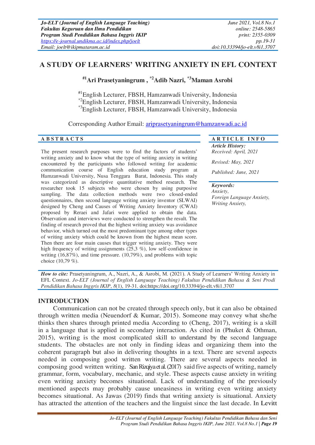 JURIS A Study of Learners Writing Anxiety in EFL Context
