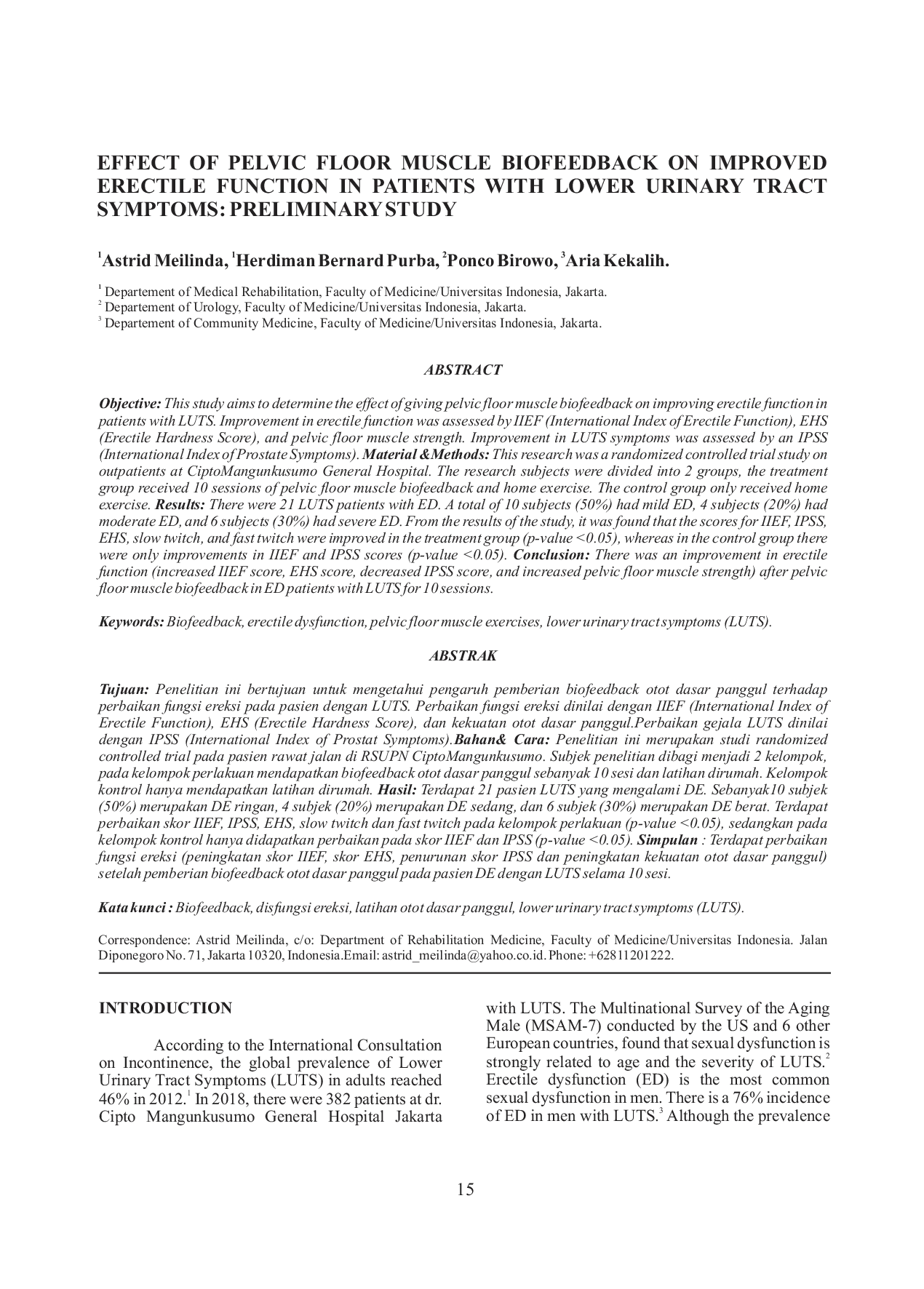 JURIS EFFECT OF PELVIC FLOOR MUSCLE BIOFEEDBACK ON IMPROVED ERECTILE FUNCTION IN PATIENTS WITH LOWER URINARY TRACT SYMPTOMS PRELIMINARY STUDY