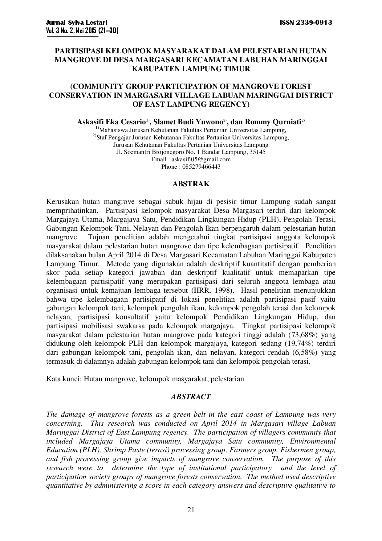 juris Partisipasi Kelompok Masyarakat Dalam Pelestarian Hutan Mangrove Di Desa Margasari Kecamatan Labuhan Maringgai Kabupaten Lampung Timur