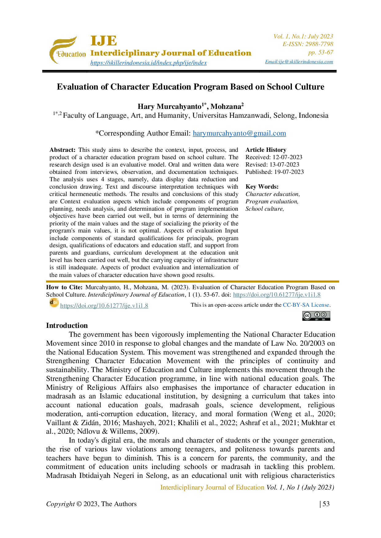 JURIS Evaluation of Character Education Program Based on School Culture